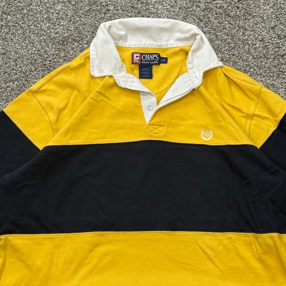 Chaps Ralph Lauren Rugby Polo Short Sleeve Shirt Mens L Yellow Navy Striped USA